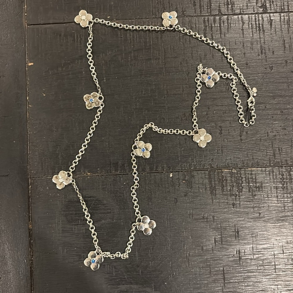 Ann Taylor Studded Clover Station Necklace Silver Long Dangle Chain Flower